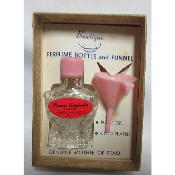 VTG Boutique Box With Funnel + Purse Size Empty Tiny Perfume Bottle W/Pink Top - Picture 1 of 5